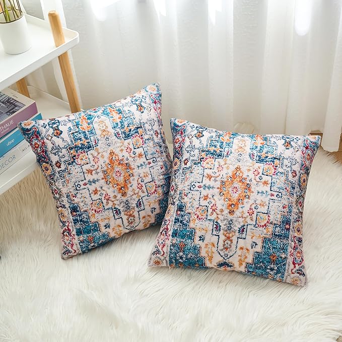 Boho Throw Pillow Covers 22x22 inch Set of 2,Boho Vintage Carpet Pattern Antique Ethnic Decor Double Sided Pattern Cushion Cover Soft Pillow Case Living Sofa Room Bed Square Pillow Cover