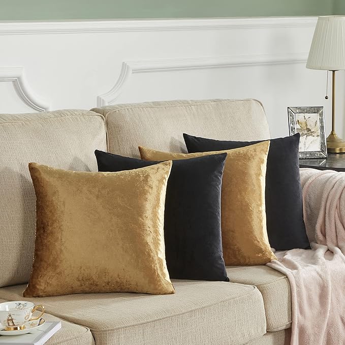 Gold Black Pillow Covers 20x20 Set of 4,Velvet Luxury Couch Throw Pillow Soft Covers Decorative Modern Square Pillows Living Room Vintage Cushion Covers