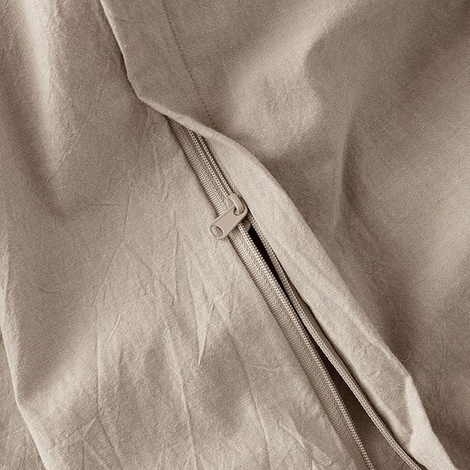 JIYUAN 100% Washed Cotton Duvet Cover Set 3 Pieces Queen, 1 Duvet Cover 90x90 Inches(Comforter Not Included) and 2 Pillowcases,Linen Feel Bedding Set Comfy and Breathable, Heathered Warm Taupe