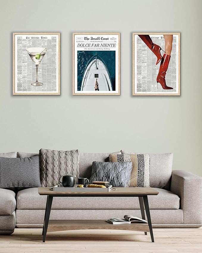 EcoHest UnFramed Trendy Newspaper Martini Wall Art, 12x16 in OAK Wood Retro Bar Cart Canvas Art, Magazine Aesthetic Apartment Art, Beige Logs Funky 70's Set of 1 for Bedroom Living Room