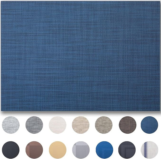 Placemats Set of 6 - Easy Clean Woven Vinyl Placemats for Dining Table, Indoor/Outdoor Place Mats, Washable PVC Table Mats（Navy Blue）