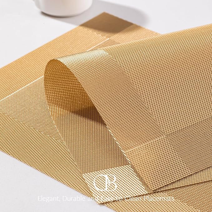 Placemats Set of 4 - Easy Clean Woven Vinyl Placemats for Dining Table, Indoor/Outdoor Place Mats, Washable PVC Table Mats（Gold Cube）