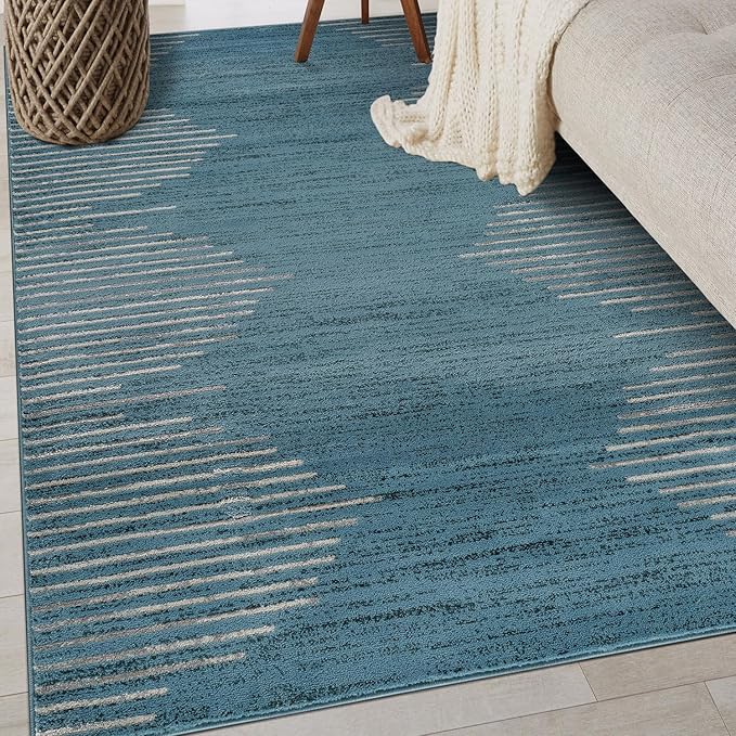 Rugshop Bohemian Stripe Stain Resistant High Traffic Living Room Kitchen Bedroom Dining Home Office Area Rug 5' x 7' Blue