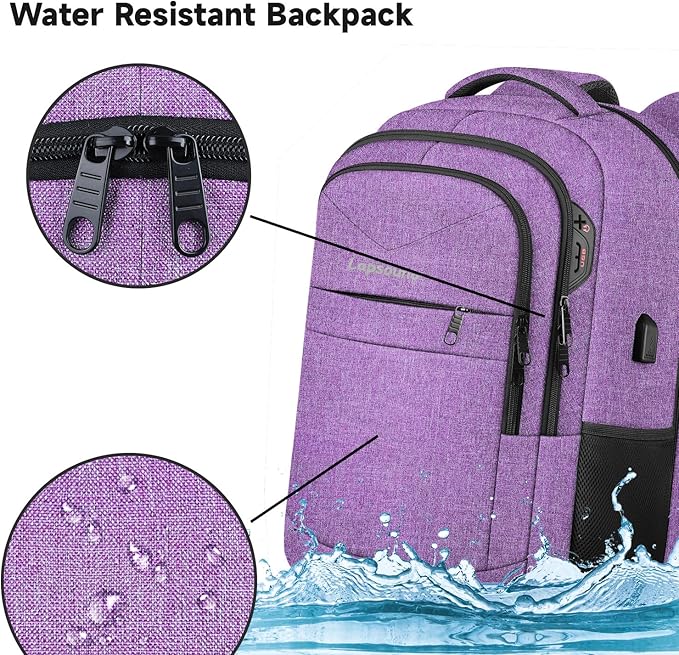 Lapsouno Travel Backpack, Travel Laptop Backpack, Multiple Pockets 15.6 Inch Carry on Backpack with USB Port, TSA Friendly Water Resistant College School Business Bag for Women, Purple