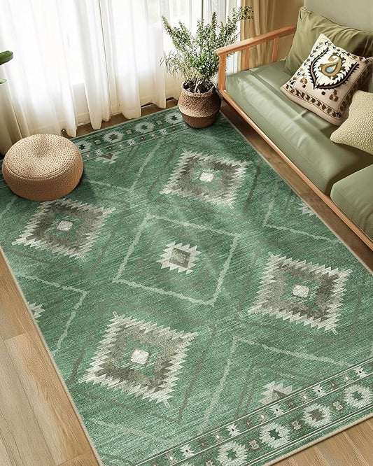 Area Rug 5x7 Rug Machine Washable Rug Non-Slip Low Pile Print Pattern Western Rug for Living Room Bedroom Entryway Tribal Series -Sage