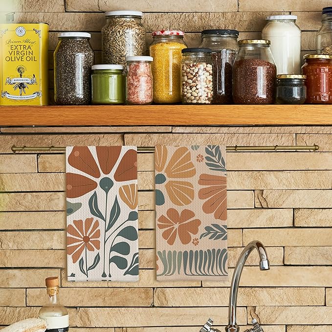 Abstract Boho Floral Kitchen Towels Set of 2, 70s Retro Groovy Dish Towels for Kitchen, Vintage Boho Hand Towels for Bathroom, 16x24 Inches