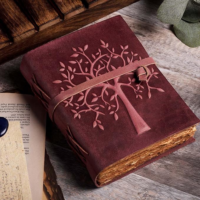 LEATHER VILLAGE Tree of Life Journal - 8"X6" (A5) inches - Fuchsia - 200 Antique Deckle Edge Handmade Paper – Book of Shadows - Vintage Leather Bound Journal for Women & Men