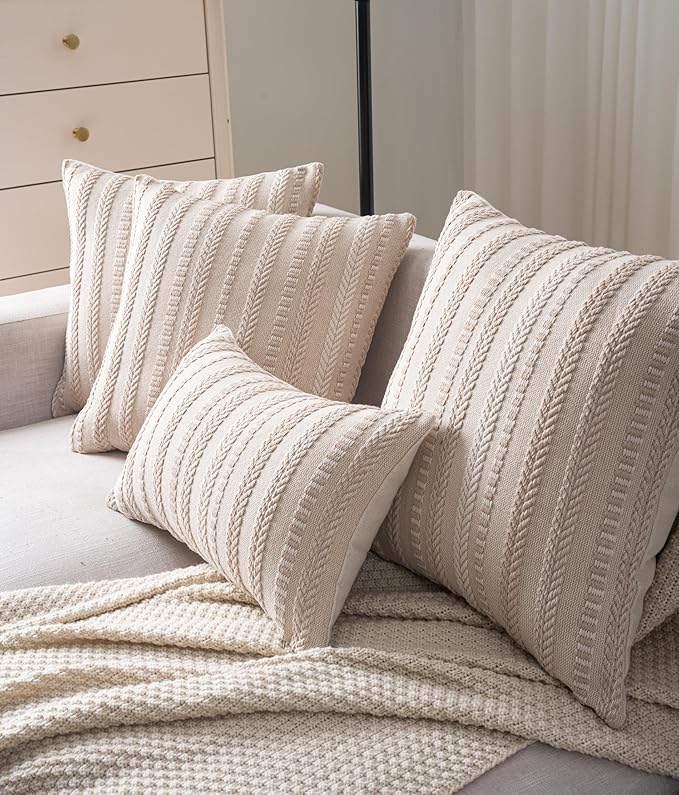 Boho Throw Pillow Covers 18x18 Inch Set of 2, Farmhouse Decorative Couch Pillow Cases, Beige Accent Pillows of Bed, Sofa Bedroom Living Room Home Decor Cushion Cover