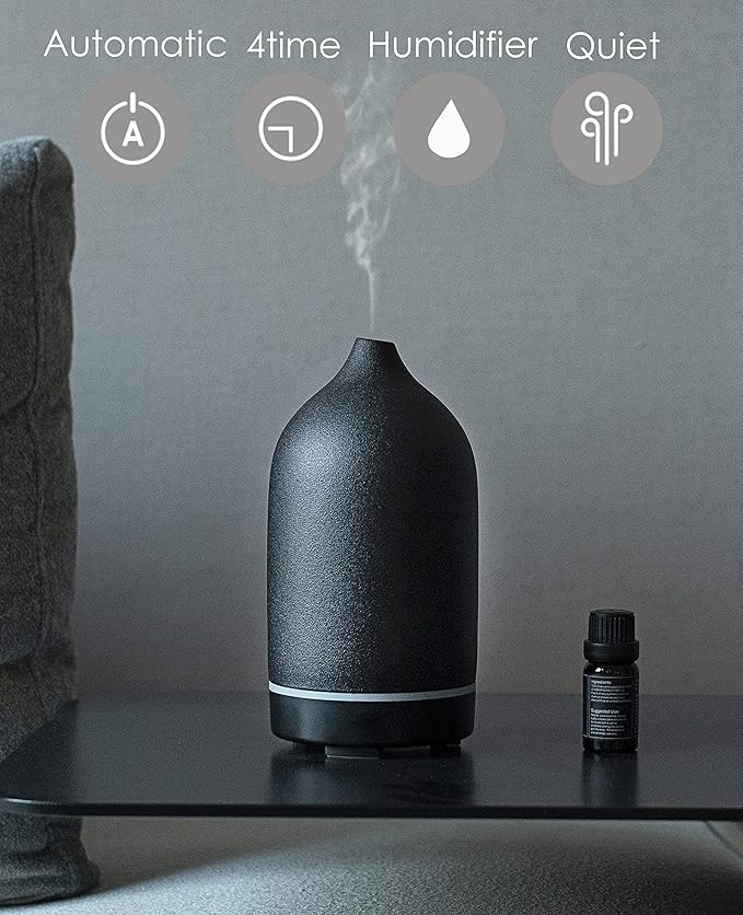 Essential Oil Diffuser,Handcrafted Ceramic Diffuser for Home,Ultrasonic Cool Mist Air Diffuser, 9 Colors Night Light with Timer (Black)