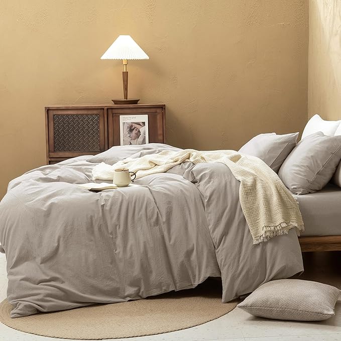 FOSSA Duvet Cover Set 100% Washed Cotton Linen Feel Super Soft Breathable Cozy 3 Pieces Bedding Sets Solid Tannish Linen Grey California King
