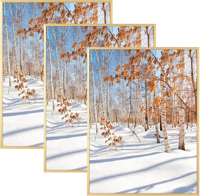 Golden State Art, 18x24 Aluminum Picture Frame, Gold Metal Thin Poster Frames for 18 x 24 inch Photo, Acrylic Front, Wall Hook for Horizontal or Vertical Display, 3 Pack