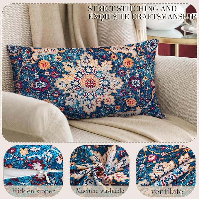 Boho Throw Pillow Covers 12x20 inch Set of 2,Boho Vintage Carpet Pattern Antique Ethnic Decor Double Sided Pattern Cushion Cover Soft Pillow Case Living Sofa Room Bed Square Pillow Cover