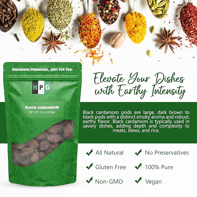 NPG Premium Black Cardamom Pods (Tsao Ko/Cao Guo) 16 Ounces Whole, Large, and Aromatic Brown Seed Pods, All-Natural Non-GMO Spice for Indian Biryani, Curry, Vietnamese Pho, Chinese Stews, and Middle Eastern Cooking