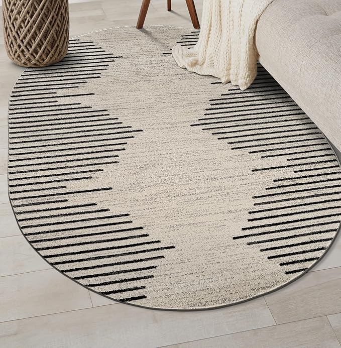 Rugshop Bohemian Stripe Stain Resistant High Traffic Living Room Kitchen Bedroom Dining Home Office Oval Rug 5' x 7' Cream