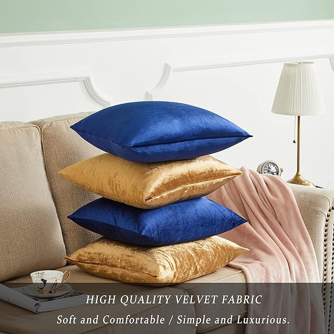 GIGIZAZA Pack of 4 Gold Blue Pillow Covers,16x16 Velvet Throw Pillows Soft Covers Decorative Luxury Couch Square Pillow Covers Modern Living Room Cushion Covers