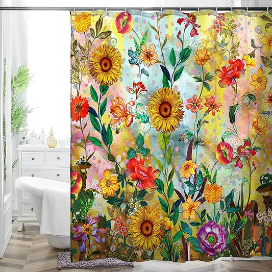 Bohemian Bathroom Curtain Colorful Boho Floral Print Beautiful Bright Polyester Fabric Cloth Shower Curtain for Bathroom Decoration, 72"x72"