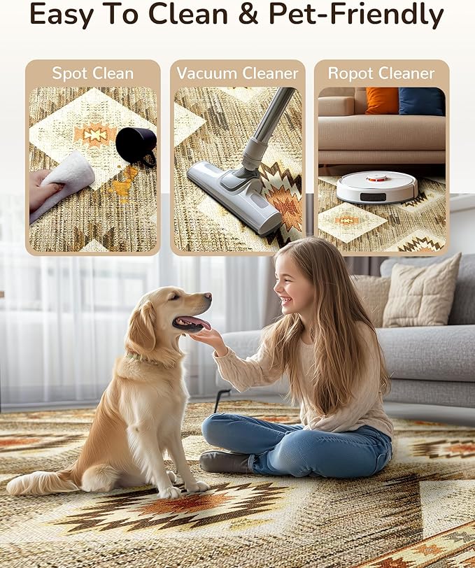 Area Rug 3x5 Rug Machine Washable Non-Slip Low Pile Print Pattern Western Rug for Living Room Bedroom Entryway Tribal Series -Cream/Camel