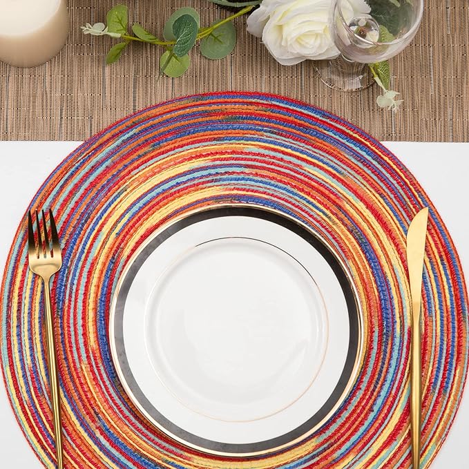 SHACOS Round Braided Placemats Set of 4 Variegated Colorful Placemats for Dining Tables Holiday Party Decor (Rainbow Red, 4)