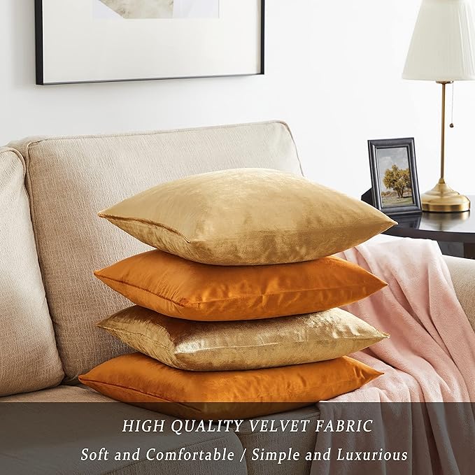 GIGIZAZA Pillow Covers 20x20 Set of 4,Gold Orange Velvet Soft Pillow Covers Decorative Square Modern Pillows Cushion Cases for Living Room