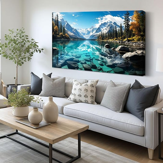 LAOTOART Snowy Mountain Wall Canvas Art for Living Room - Natural Landscape Art Work for Office Walls - Teal Bedroom Wall Decor Above Bed Size 24" x 48"