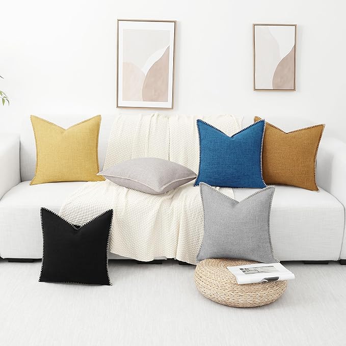 decorUhome Decorative Outdoor Throw Pillow Covers 26x26 Set of 2, Square Linen Rustic Neutral Farmhouse Euro Pillow Covers with Stitched Edge for Couch, Sofa, Living Room, Dark Blue