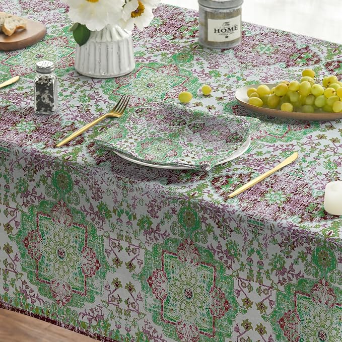 Horaldaily Boho Bohemia Style Tablecloth 60×60 Inch Square, Green Vintage Country Rustic Farmhouse Magical Fall Orange Washable Seasonal Table Cover for Party Picnic Dinner Decor