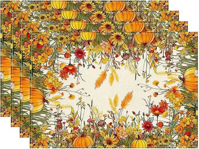 XCHI Fall Color Wild Flowers Pumpkin Placemats Set of 4 Table Mats for Party Home Kitchen Dining Table Decorations 12x18 Inch