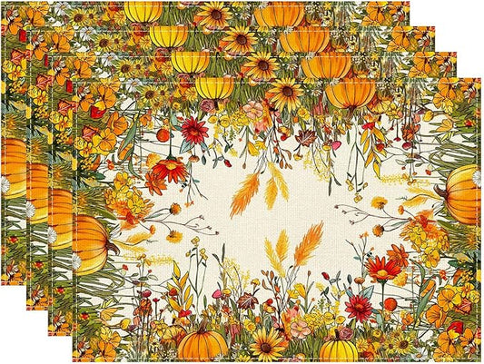XCHI Fall Color Wild Flowers Pumpkin Placemats Set of 4 Table Mats for Party Home Kitchen Dining Table Decorations 12x18 Inch