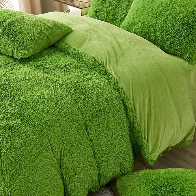 MorroMorn 5 PCS Shaggy Duvet Cover Bedding Set - Fluffy Comforter Cover Long Faux Fur Luxury Ultra Soft Cozy (Green, King/California King)