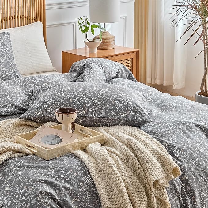 mixinni 3 Pieces Duvet Covers Full Size, 100% Cotton Comforter Cover Wildflower Printed on Grey Floral Bedding Set with Zipper Closure 4 Ties (1 Duvet Cover 80"x90", 2 Pillow Cases 20"x26")