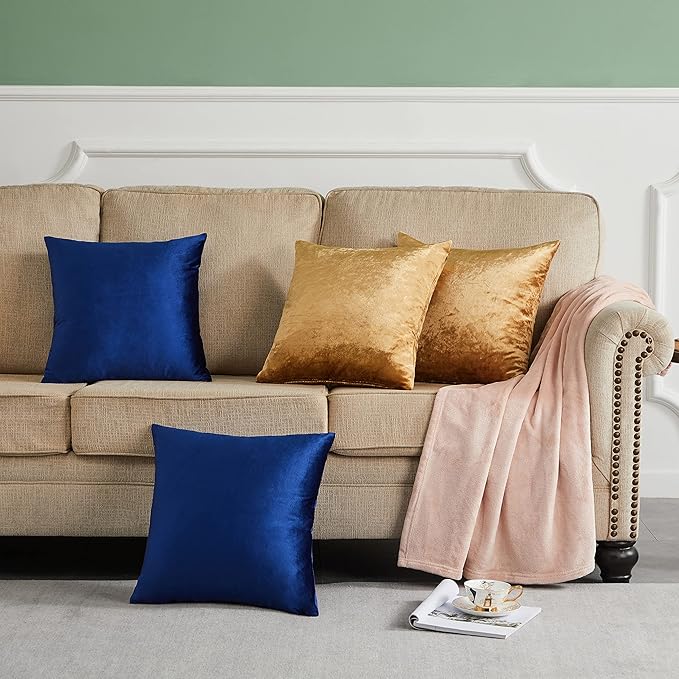 GIGIZAZA Velvet Gold Blue Pillow Covers 18x18，Pack of 4 Decorative Throw Pillow Soft Covers Square Couch Pillow Modern Covers Living Room Luxury Cushion Covers