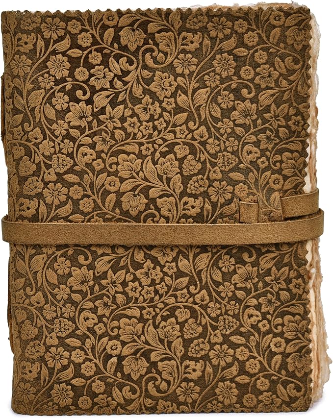 LEATHER VILLAGE Leather Bound Floral Embossed Journal for Women Men - 200 Pages, 13X8 Inches, Suntan - Book of Shadows, Vintage Blank Paper Travel Diary, Notebook for Writing, Drawing, Sketchbook