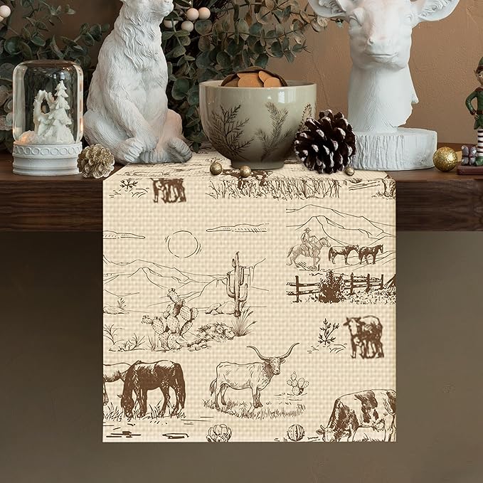 Cowboy Farm Table Runner Seasonal Spring Fall Kitchen Dining Linen Table Decoration for Indoor Outdoor Home Party Dinner 13x72 Inch