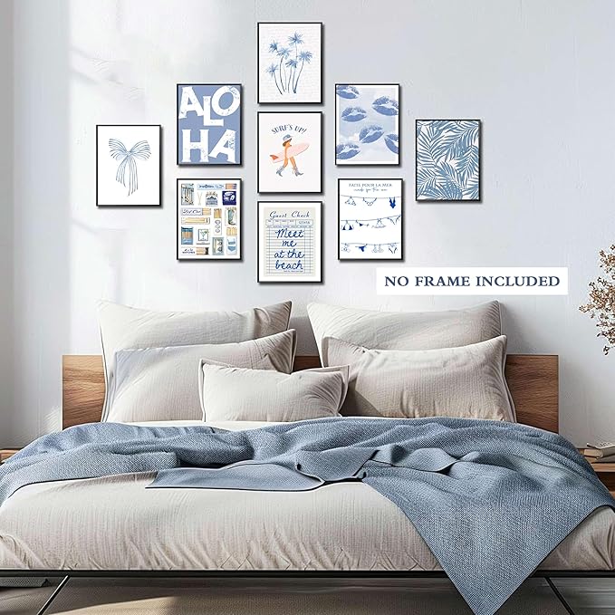 9Pcs Blue Coastal Poster Beach Cowgirl Wall Art Trendy Summer Aesthetics Painting Beachy Collage Ocean Picture Wall Decor Preppy Print for Hallway Bedroom And Living Home Frameless8x10Inch