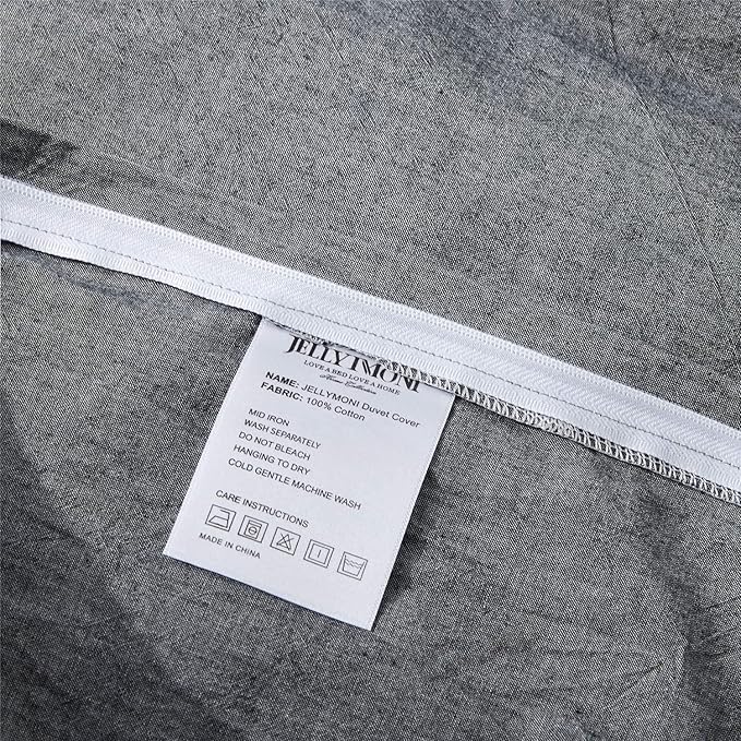 JELLYMONI Black 100% Washed Cotton Duvet Cover Set, 3 Pieces Luxury Soft Bedding Set with Zipper Closure. Solid Color Pattern Duvet Cover Queen Size(No Comforter)