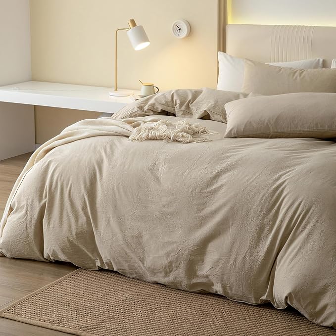 JIYUAN 100% Washed Cotton Duvet Cover Set 3 Pieces Oversized Queen, 1 Duvet Cover 98x98 Inches(Comforter Not Included) and 2 Pillowcases,Linen Feel Bedding Set Comfy and Breathable, Heathered Tan