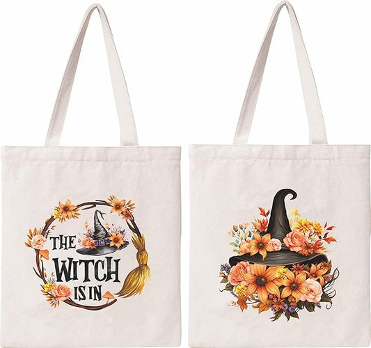 Halloween Tote Bag Retro Halloween Canvas Bag Witch Hat Cotton Canvas Tote Bag for Women Gift Holiday Reusable Grocery Bag Shoulder Bag