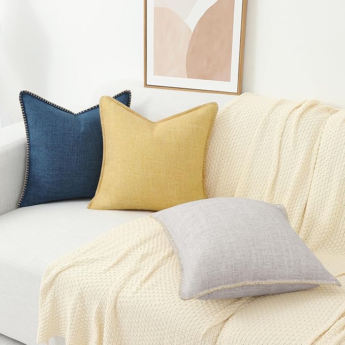 decorUhome Decorative Outdoor Throw Pillow Covers 24x24 Set of 2, Square Linen Rustic Neutral Farmhouse Euro Pillow Covers with Stitched Edge for Couch, Sofa, Living Room, Dark Blue