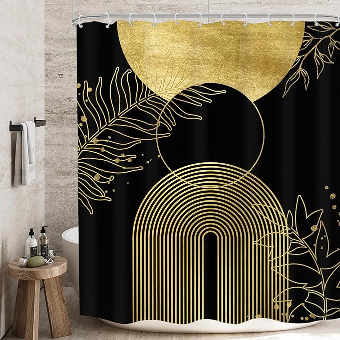 Black Gold Boho Shower Curtain 60Wx72H Mid Century Modern Abstract Leaves Plant Sun Bathroom Decor Minimalist Geometric Arch Line Vintage Aesthetic Bath Curtain Fabric Polyester 12 Pack Hooks