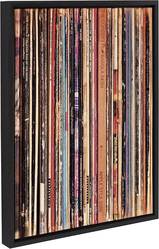 Kate and Laurel Sylvie 33RPM Framed Canvas Wall Art by Robert Cadloff of Bomobob; 18x24 Black; Decorative Music Art for Wall