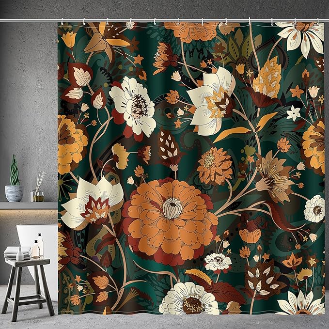 Aimego Boho Floral Shower Curtain - Dark Green Bohemian Chic Flowers Botanical Leaves Fabric Cloth Bath Shower Curtain Set with 12 Hooks for Adults Bathroom Decor Accessories, 72"x72"
