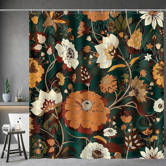 Aimego Boho Floral Shower Curtain - Dark Green Bohemian Chic Flowers Botanical Leaves Fabric Cloth Bath Shower Curtain Set with 12 Hooks for Adults Bathroom Decor Accessories, 72"x72"