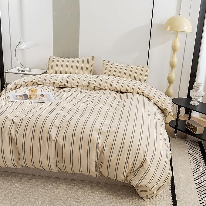 ECOCOTT Duvet Cover Set, 100% Washed Cotton Linen-Like Textured Soft & Breathable, Durable Comfy Bedding Set for All Seasons (Dark Green Stripe, Oversized King)