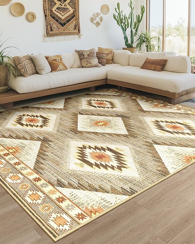 Area Rug 8x10 Rug Machine Washable Non-Slip Low Pile Print Pattern Western Rug for Living Room Bedroom Entryway Tribal Series -Cream/Camel