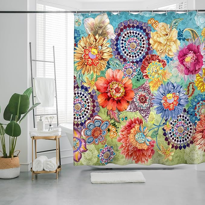 Bohemian Bathroom Curtain Colorful Boho Floral Print Beautiful Bright Polyester Fabric Cloth Shower Curtain for Bathroom Decoration, 72"x72"