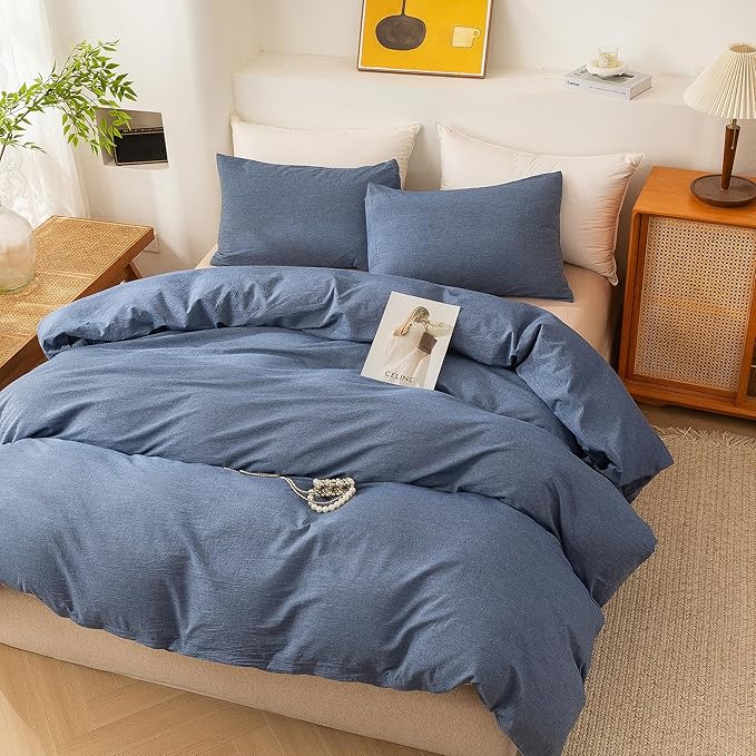 ECOCOTT Denim Blue Duvet Cover Queen Size, 100% Washed Cotton 1 Duvet Cover with Zipper and 2 Pillowcases, Ultra Soft and Easy Care Breathable Cozy Bedding Set (Denim Blue, Queen)