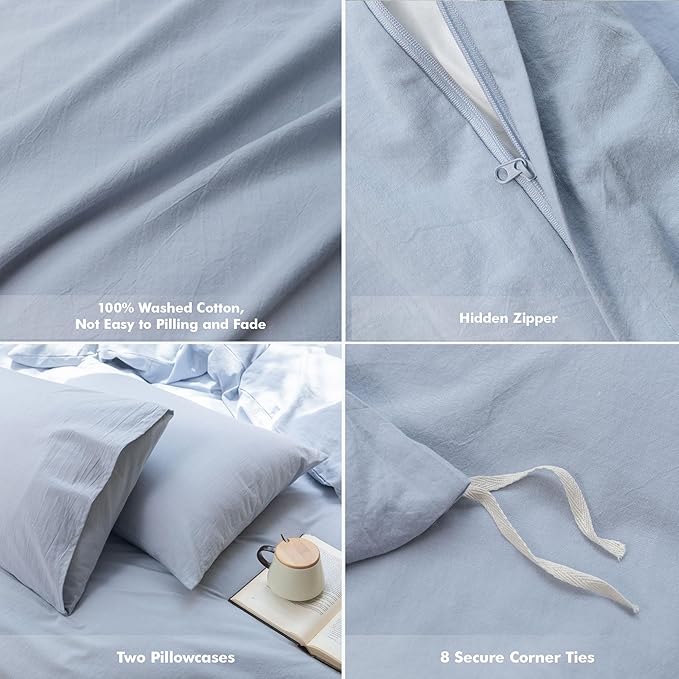 FOSSA Duvet Cover Set 100% Washed Cotton Linen Feel Super Soft Breathable Cozy 3 Pieces Bedding Sets Solid Sky Blue King