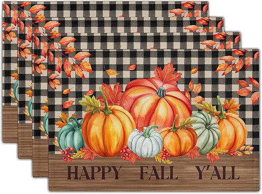 Giwawa Happy Fall Y'all Placemats Set of 4 Colorful Autumn Thanksgiving Pumpkins Leaves Decorative Linen Table Mat 12x18in Black Buffalo Plaids Non Slip Place Mat for Kitchen Dining Party Holiday