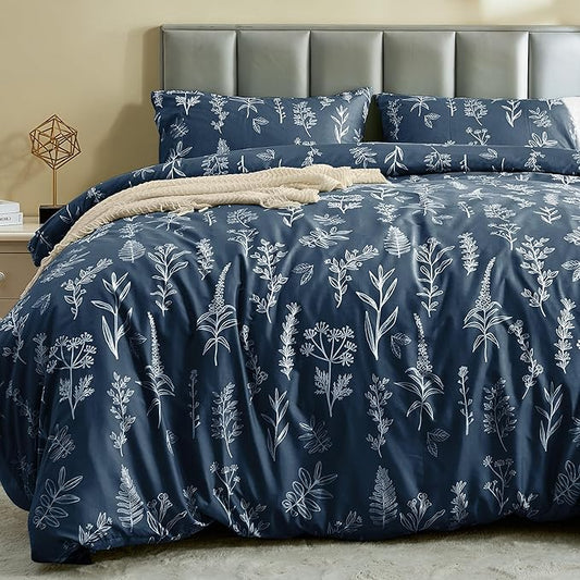 MUXHOMO Duvet Cover Full Size, Reversible Floral Navy Duvet Cover Set with Zipper Closure, 3 Pieces Botanical Patterns Soft Microfiber Bedding Set with 4 Ties (80"x90", 2 Pillow Cases)
