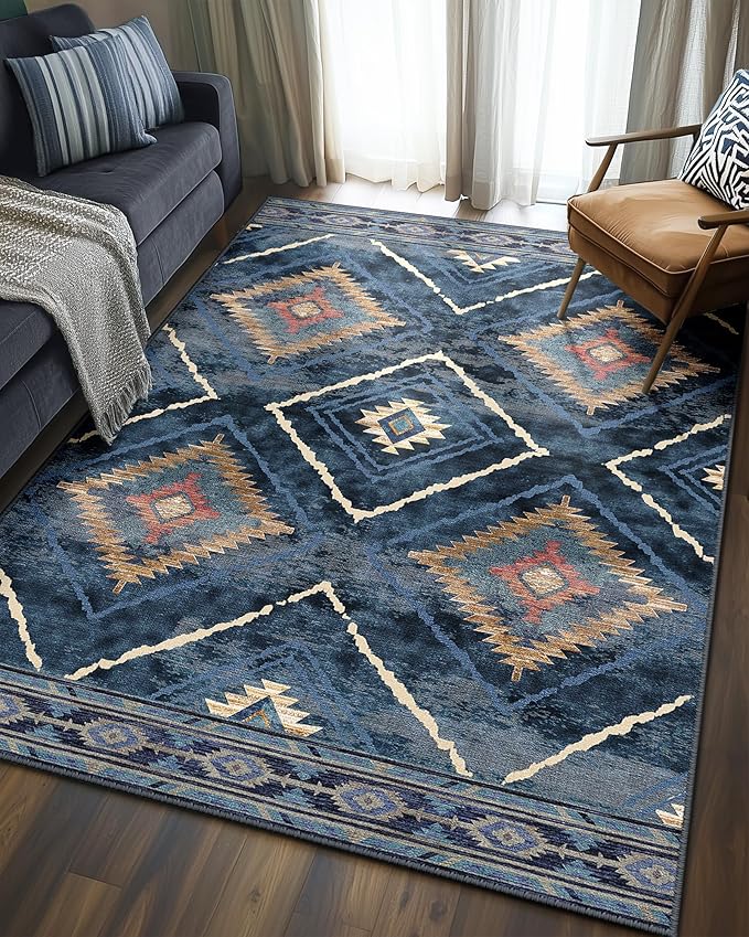 Area Rug 4x6 Rug Machine Washable Non-Slip Low Pile Print Pattern Western Rug for Living Room Bedroom Entryway Tribal Series -Darkblue